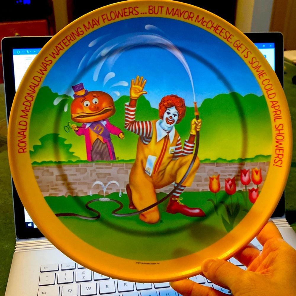 COPY - Vintage Ronald McDonald and Mayor McCheese April showers dinner plate.